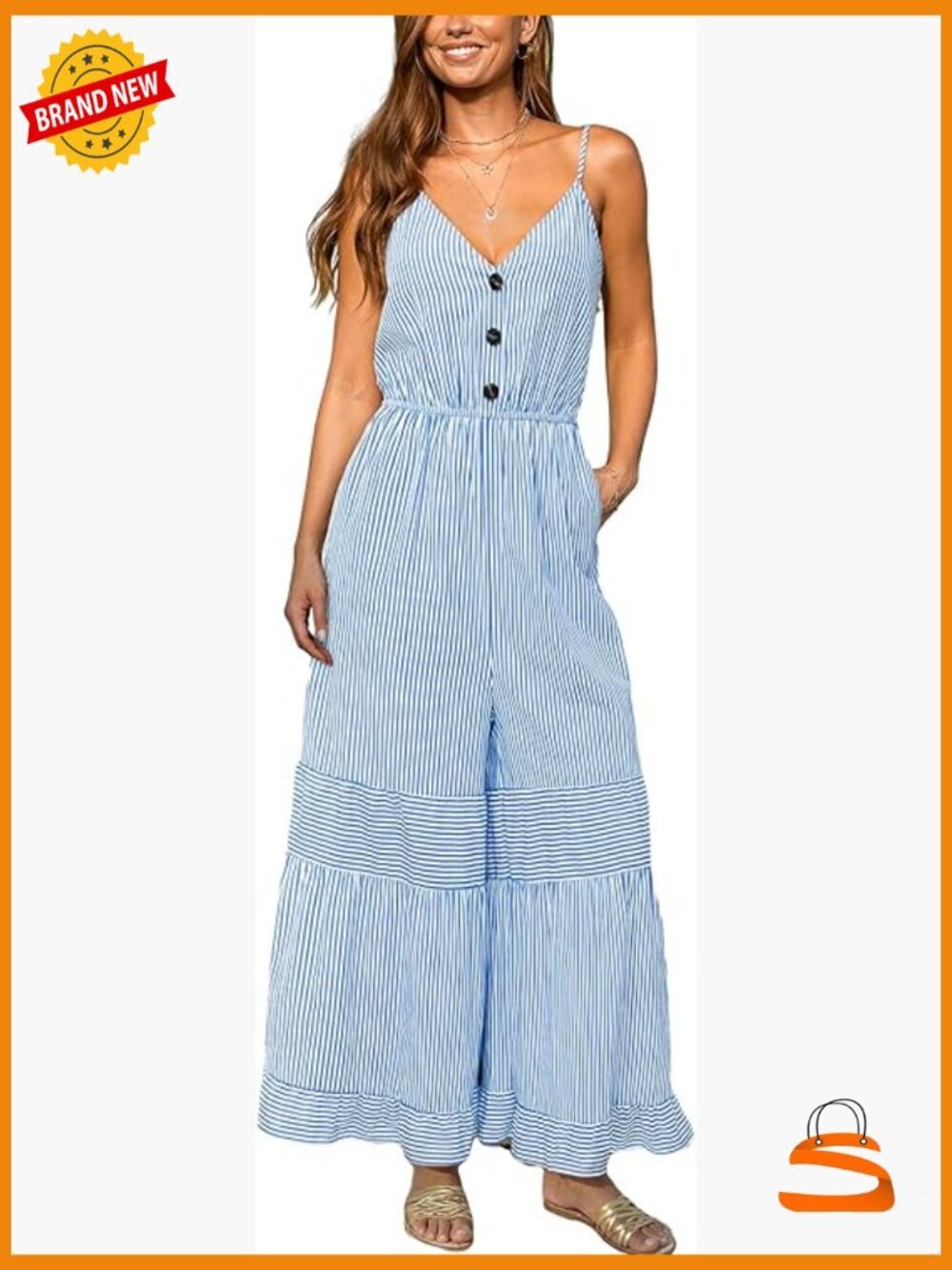 V-Neck Sleeveless Striped Ruffled Jumpsuit with Pockets Flared Beach Vacation